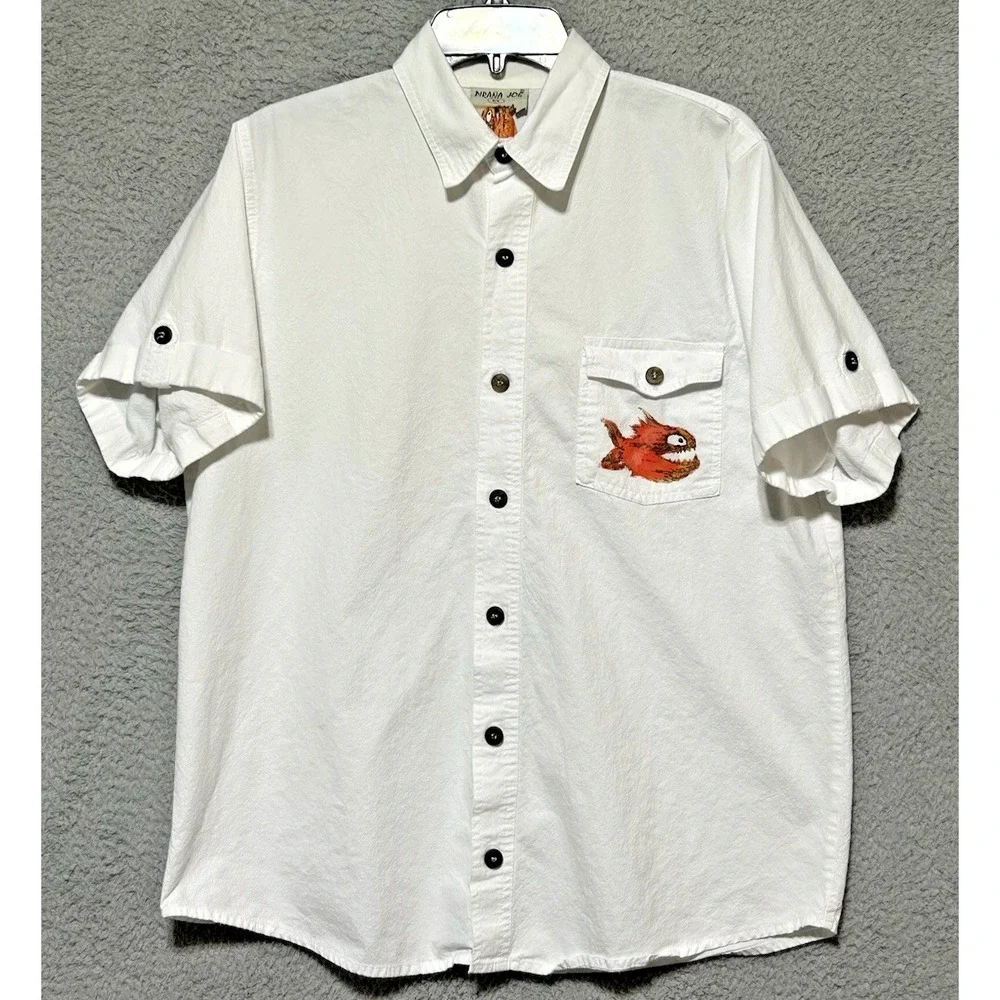 Vintage Pirana Joe Hawaiian Shirt Belize‎ Men M White Button Up Graphic Beach